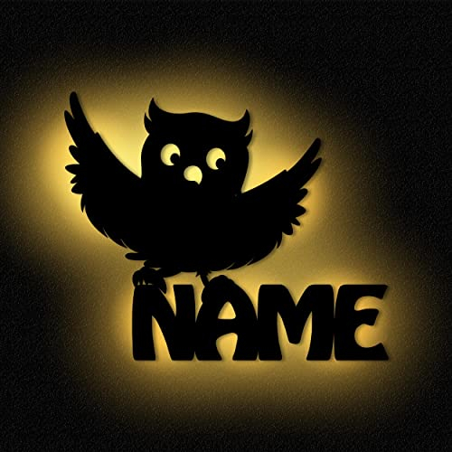 Eule Lampe Kinderzimmer Wandlampe Eulenlampen Nachtlicht Holz Led Licht mit Namen personalisiert I Batteriebetrieb