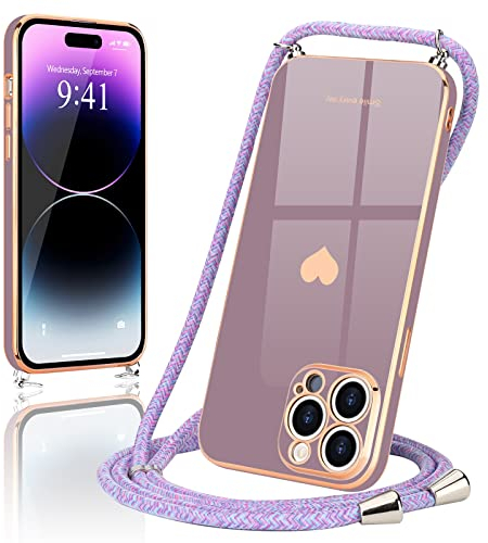 Wirvyuer Handyband Kompatibel mit iPhone 14 Pro Handyhülle Necklace Hülle mit Band zum Umhängen Kameraschutz Liebesherz Schutzhülle mit Halsband Silikon Umhängetasche für iPhone 14 Pro Lavendel