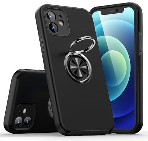 KRAFTCARE Case Compatible for iPhone 12 with Kickstand Ring and Screen Protector, Shockproof and Anti Scratch Magnetic Built-in Ring Stand Case Compatible for iPhone 12 - Black
