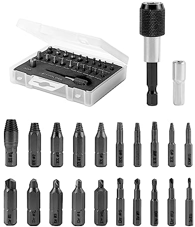 QWORK® 22 in 1 Estrattore Viti Danneggiate con Porta Punte Magnetica e Adattatore Presa, Adatto per Viti Bulloni Rotte o Danneggiate 2-12mm