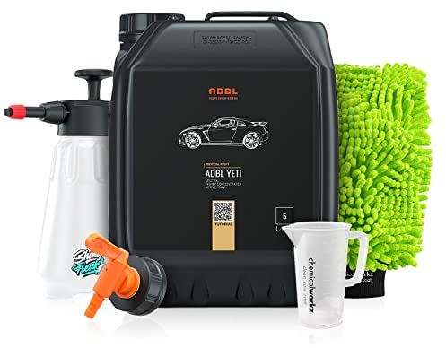 ADBL Yeti Snow Foam Tropical Night (5L) hochkonzentrierter Premium Aktivschaum + chemicalworkz Waschhandschuh + Foamer + Messbecher + Auslaufhahn - Lack Reiniger für alle Lacke - einzigartiger Duft!