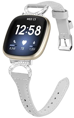Gimuk Lederband Kompatibel mit Fitbit Versa 4/Sense 2 Armband, Frauen Mädchen Echtes Leder Sport Band Metall Bling Strass Ersatzband Wristband für Fitbit Versa 3/Sense, 5.5 - 8.1, Leder (grau)