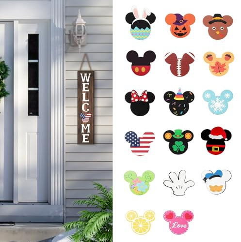 FUEMEILY 15.7'' Cute Mouse Seasonal Interchangeable Home Sign for Front Porch,18pcs Interchangeable Hanging Vertical Welcome Door Sign for Farmhouse/Wall/Porch Decor and Housewarming Gift
