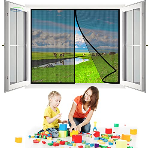 Insektenschutz Fenster Vorhang Premium Fliegengitter, 155x125 cm mit eingenähten Gewichten und selbstklebenden Klemmleiste Fliegenvorhang für BalkonFenster SchiebeFenster- Schwarz H