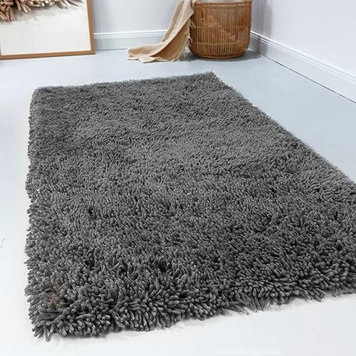 Wecon Home Esprit Hochflor Teppich modern, einfarbig, flauschig aus 100% Schurwolle für Wohnzimmer, Schlafzimmer und Kinderzimmer – Seattle Shag (70 x 140 cm, grau)