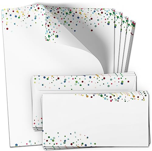 50 Briefpapier und Briefumschlag SET | Konfetti Einladung Party | Papier und Umschlag mit Design-Motiv bedruckt | 90 g/m²