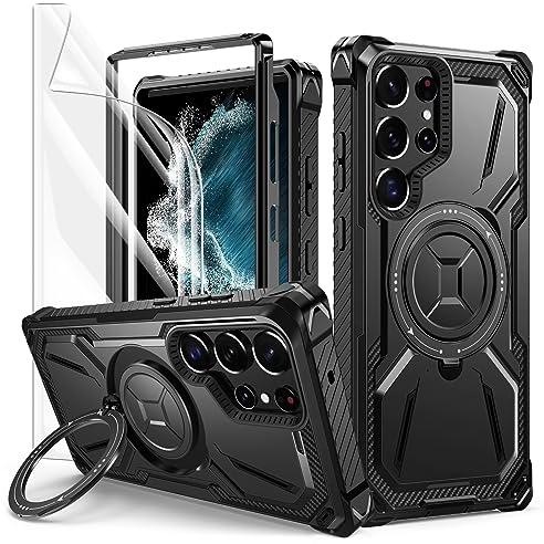 Lanhiem für Samsung Galaxy S22 Ultra Hülle mit 1 Stück Schutzfolie, 360 ° Ring Ständer Schutzhülle, Militärischer Stoßfest Handyhülle für Samsung S22 Ultra 5G Case, Schwarz
