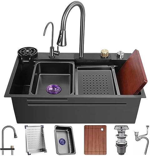 OMGMTSTORE Fregadero Cocina 80 x 45 cm,Multifuncional Inox 1 seno,Fregadero de Negro Acero Inoxidable,incluye fregadero interior de repuesto,tabla de cortar,juego de desagüe y descarga