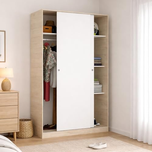 Dmora - Kleiderschrank 2 Türen Denali, Kleiderbügel für Schlafzimmer, Schiebetürenschrank, 120x50h204 cm, Weiß und Eiche