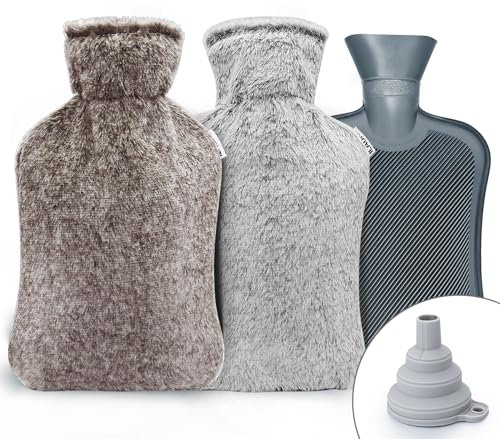 Große Wärmflasche 2L mit 2 Wechselbezügen, Auslaufsichere Heizflasche aus PVC – Ideal für Kinder/Erwachsene, Geschenk gegen Muskelverspannungen (Grau/Braun)