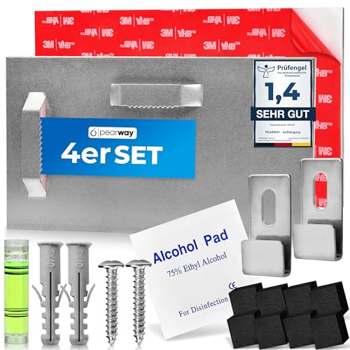 PEARWAY™ Profi Spiegel Aufhängung inkl. Zubehör I maximaler Halt dank 3M Tape I Spiegelhalter I Aufhänger für Acrylglasbilder I Spiegelhaufhänger I Spiegelhalterung Wand I Bilderhaken selbstklebend