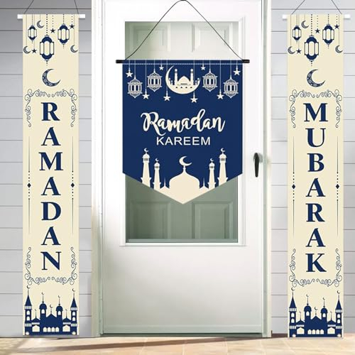 Leonshco Ramadan Dekoration Banner, Eid Mubarak Dekoration Hintergrund Banner, Muslimische Feier Banner, Porch Hanging Sign Banner für Haustür/Garten/Indoor-Outdoor/Party Dekoration usw (Blau & Weiß)