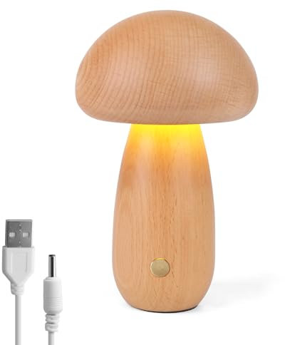 Pilzlampe aus Holz, Tragbare Dimmbare Nachttischlampe mit USB-Aufladung, Kabelloses Nachtlicht, Pilz-Tischlampe für Heimdekoration, Schlafzimmer, wiederaufladbare LED-Nachttischlampe (Buche-B)