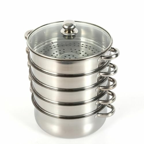 Vaporera de acero inoxidable de 5 capas, 26/28/30 cm, acero inoxidable con tapa de cristal, vaporizador para el hogar, restaurante (26 cm)