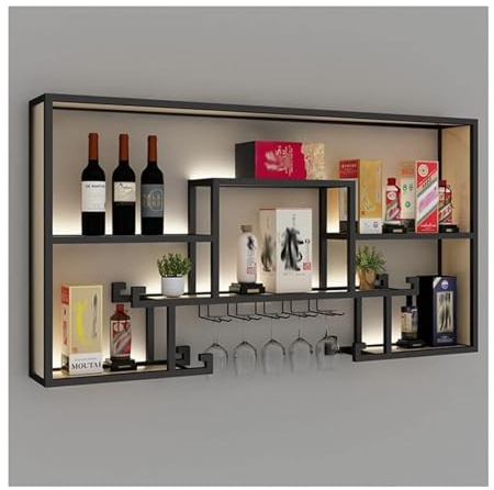 Weinregal Barregal, Schwebende, Beleuchtete LED-Regale, Weinflaschen- Und Glasregal Aus Metall, Flaschenpräsentationsregal, Kommerzielle Beleuchtete Wandregale For Die Bar, Zuhause ( Color : Black , S