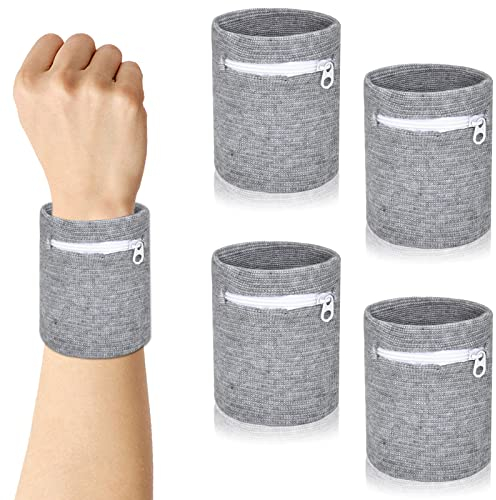 DEARBAG Handgelenk Schweißbänder mit Reißverschlusstasche, 4 Stück Sport Wristbands Baumwolle Absorbierende für Damen Herren, Fitness Arm Schweißband für Handball Tennis Basketball (Grau)