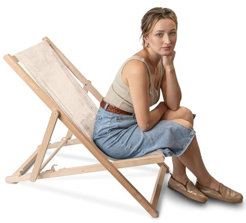 DreamRoots Liegestuhl Holz Klappbar Cord-Gewebe aus Buchenholz, bis 130 kg belastbar, 3-Fach verstellbare Rückenlehne für Garten oder Terrasse