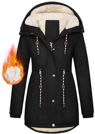 Xnova Wintermantel Damen Winterjacke Parka Lang Warm Gefütterter mit Kapuze, Teddyfleece Mäntel Reißverschluss Winterparka Mittlere Baumwolle Kapuzenmantel Fleece Wärme Frauen(Schwarz, M)