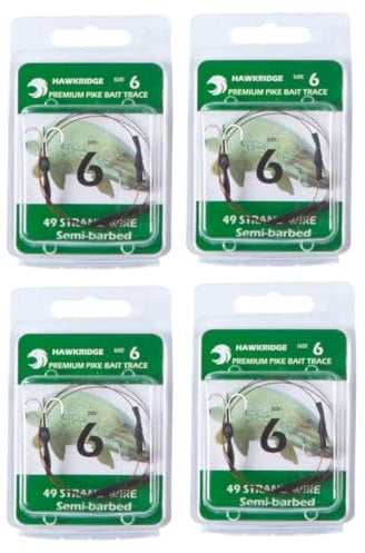 HAWKRIDGE - 4 x Predator SEMI BARBED Pike Snap Tackle Double Hook Bait Rig 30cm Trace Using American 7x7 Wire Strands - Available in Size 4, 6 or 8 (4 x size 6 hook)