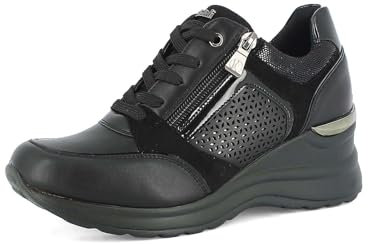 inblu Sneakers Donna con Lacci e Cerniera, Traforo Fiorato Laterale e Tacco 6cm, Scarpe da Ginnastica, Nero, 37 EU