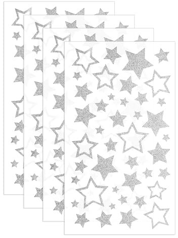 ZEYIYER Sterne Sticker Silber 4 Blatt, Glitter Star Stickers, Selbstklebende Stern Aufkleber, Sticker Aufkleber Sterne für Lehrer, Studenten Scrapbooking DIY-Grußkarten