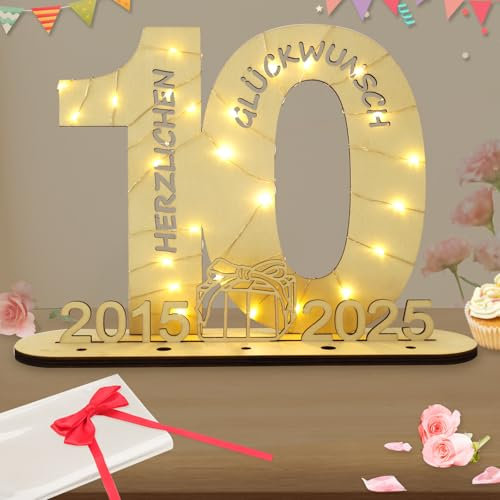 Seutgjie Deko 10 Geburtstag Mädchen Junge, Geldgeschenke Geburtstag 10 Originelle Holz Schild Gästebuch mit LED Lichterkette für Mädchen Junge Rosenhochzeit Jubiläum Tischdeko 2015-2025
