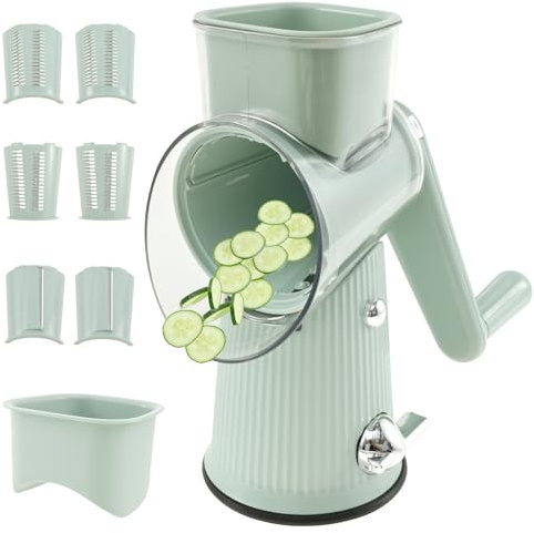 5-in-1 Käsereibe mit Kurbel 27 * 12,5 cm mit 3 Messersätze Manuelle Trommelreibe aus PP ABS Edelstahl Gemüseschneider Gemüsehobel Reibe für Gemüse für Käse Ice Gurken Karotten Nüsse usw