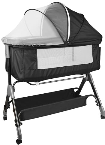 Supfine Cododo 3-in-1 Kinderbett Cododo mit Matratze und Moskitonetz, Höhenverstellung, Mobile Babywiege für Neugeborene/Säugling, Cododo-Bett mit Aufbewahrungskorb (Schwarz, 104 * 52 * 100-110cm)