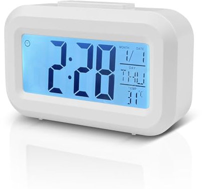 Baxcdyswe Sveglia da Comodino, Orologio a Batteria, Veglia LCD Orologio Sveglia Digitale Senza Ticchettio con Display Data, Temperatura, Funzione Snooze per Camera Da Letto, Scrivania, Viaggi (Bianco)