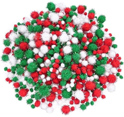Pompons Zum Basteln, 600 Stück Bunte Pompons Zum Basteln, Glitzer Kleine Pompoms, 1-2cm Mini Pom Poms Rot/Grün/Weiß für Haus Dekoration, Weihnachtshandwerk