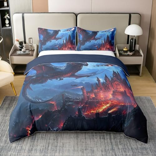 100% Baumwolle 3D Drachen Bettbezug 135x200,Fantasy Drachen Schloss Tröster Abdeckung,Exotische Blitz Bettwäsche Set,Mysteriöse Alte Wilde Tiere Bett Set für Jungen Kinder Teens Schlafzimmer