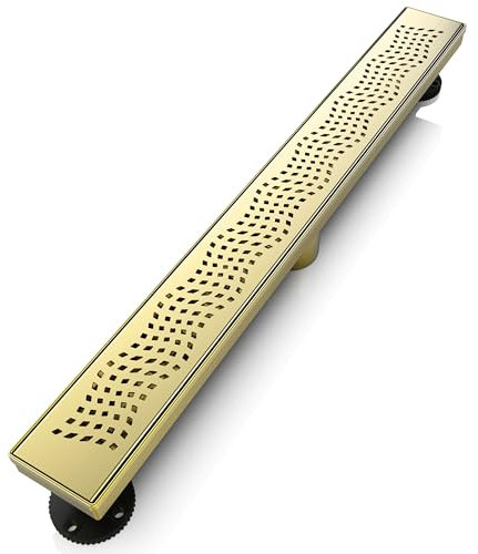 WEBANG 24 Zoll Linearer Duschrinne Rechteckiger Bodenablauf mit Zubehör Wellenlochmuster Abdeckrost Abnehmbarer SUS304 Edelstahl CUPC Zertifiziert Gebürstetes Gold