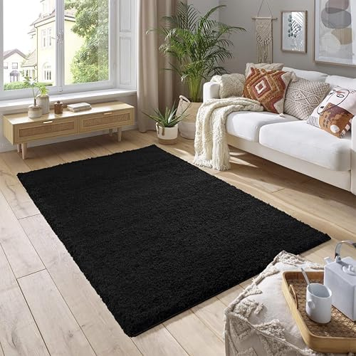 SmartLiving Rug 60 x 110cm Black Shaggy Rug Soft Thick 5cm Pile Modern Shimmer Area Rug, Fluffy Non Slip Bedroom Living Room Hallway Carpet, Luxury Shiny Floor Rug