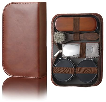 BNOGRS Shoe Care Kit,includes a Medium Horsehair Shoe Brush, a Long-Handled Round Brush, White Shoe Polish, a Black Shoe Polish, a Polishing Cloth, a Shoe Horn, and a Storage Box.