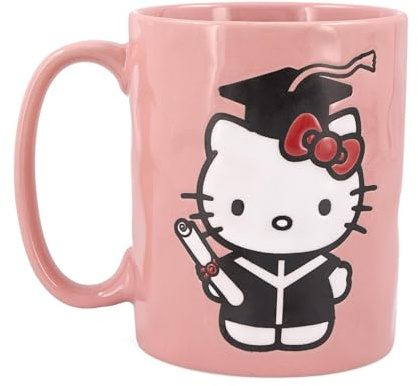 Silver Buffalo Hello Kitty Graduation Wax Resist 17.5oz Pottery Ceramic Mug | Wax Resist, 0.52 Liters