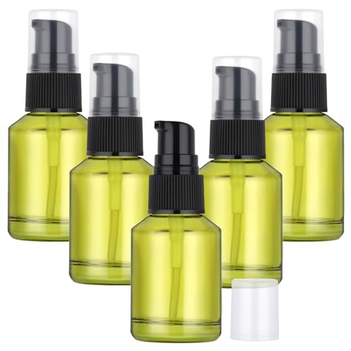 Segbeauty Flacon Pompe Verre 30ml, 5 Pièces Contenant Voyage Vert avec Pompe Noire, Bouteilles Distributeur de Lotion, pour Huiles Essentielles, Accessoires de Voyage