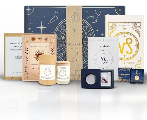 SkySignatures Steinbock Sternzeichen Geschenkset– Luxuriöse Astrologie-Box mit Duftkerze, Journal, Geburtsstein-Anhänger, Affirmationskarten & Sternzeichen-Kette - Mediation, Geschenk Frau