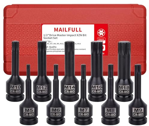 Mailfull 10 Pièces Douille Torx 1/2Douille 12 Pans M5 - M18 Jeu de Douille Allen avec Taille Marquée et Boîte pour Clé à Chocs Pneumatique Electrique