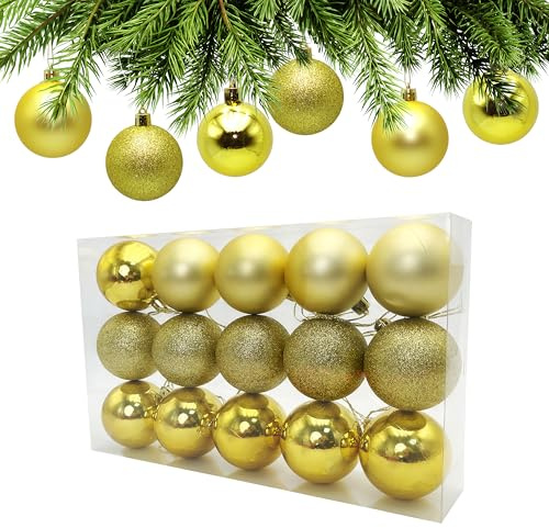 AiTodos 15 Stück Gold Weihnachtskugeln - 3Designs-6cm Unzerbrechliche Weihnachtsbaumschmuck, Glänzende & Mattierte Gold Kugeln für Weihnachtsbaum, Heimsfeier, Krone, Girlanden Deko