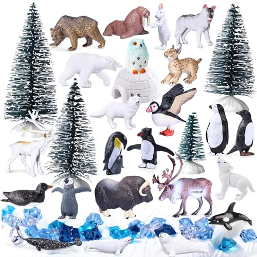 SIENON 60 Stück Arktis-Tier-Spielzeug-Set enthält 23 Stück Mini-Polartiere mit Eisbär, Pinguin, Karibu, Luchs, Iglu, 4 Stück Tannenbaum, 32 Stück gefälschte Eisfelsen für Schulprojekt-Kuchendekoration