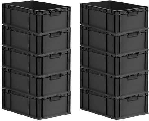PROREGAL SparSet 10x Eurobox NextGen Grip | HxBxT 22x40x60cm | 44 Liter | Griffe geschlossen | Verstärkter Boden | Schwarz | Eurobehälter, Transportbox, Transportbehälter, Stapelbehälter