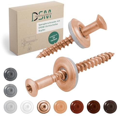 DSM – Spenglerschrauben Kupfer 4,5 x 25 mm – Edelstahl A2 – 25 Stück | mit Dichtscheibe EPDM (15mm) & Torx TX20 – ähnl. DIN 7995 / DIN 9171 [TrueSpec Präzision] Dachschrauben Trapezblechschrauben