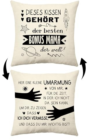Aconesong Dieses Kissen Gehört der Besten Bonus Mama der Welt Lustige Kissenbezüge für Stiefmutter Muttertagsgeschenk Weihnachts Geburtstagsgeschenk für Mutter von Tochter Sohn (Bonus Mama)