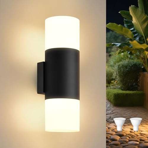 YindaLux 14W LED Aussenlampe Wand, IP65 Up and Down Wandlampe Innen/Außen mit 2*GU10 LED Lampen, 3000K Modern Außenleuchte mit 350° Drehbarkeit, Aluminium Außenwandleuchte für Eingang, Schwarz
