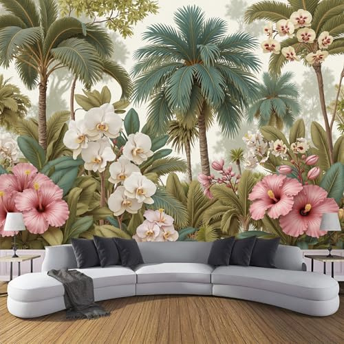 DACRWEKZ Modern Pink Green Wallpaper Murals Plants and Flowers Wallpaper Palm Tree Orchid Wall Paper Roll for Living Room Bedroom Adults Teenager Feature Wall 350 x 256 cm