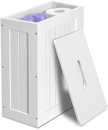 Toilet Paper Cabinet, White Wooden Slimline Shaker Unit, Bathroom Roll Paper Holder for Bathroom, Toilet Roll Storage Tidy Box with Lid, Papers Storage Cabinet Easy to Assemble, 35H x 27W x 14D cm