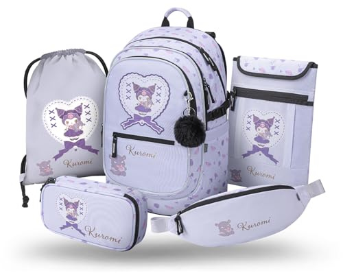 Baagl Schulrucksack Set Mädchen 5 Teilig Grundschule 25 - Kuromi Sweet One | Ergonomische Schultasche für Volksschule und Ranzen mit Brustgurt bietet ein Etui für Schreibutensilien und Turnbeutel.