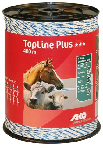 AKO Weidezaunlitze TopLine Plus (weiß/blau, 400 m Länge, TriCOND Leitermaterial, Tierzaun, Zubehör Weidetiere, Tierzubehör) 4491559