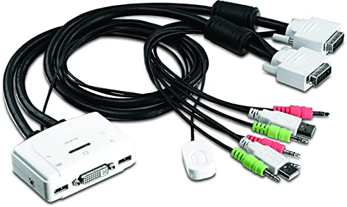TRENDnet, TK-214i, Conmutador de dos puertos con audio (KVM DVI USB), conexión en caliente, escaneo automático, teclas de acceso rápido, compatible con Windows, Linux y Mac