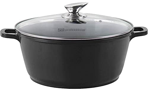 SQ Professional NEA Die-Cast Aluminium Stockpot with Lid 3-Layer Non-Stick Coating Stew pots Tempered Glass Lid with Steam Vent Casserole pan (Black, 20cm)